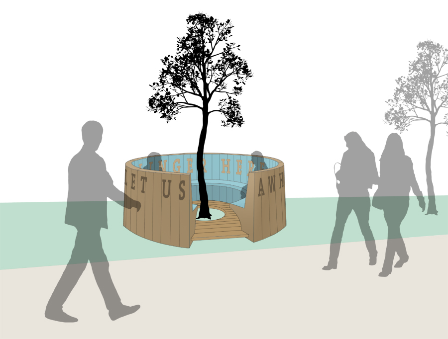 Let Us Linger Here a While…: Year: 2012 (Proposal)
Materials: Solid wood planking, sandblasted words
Client: Centro Terra West, Richmond, BC
This bench was proposed as a way of creating a private, meditative sanctuary within a busy urban environment. Between the exterior and interior of the circle is the excerpt, “LET US LINGER HERE AWHILE…” This is a segment of the phrase, “Let us linger here awhile in the foolishness of things”, from a poem by an anonymous author. The words are a reminder to would-be visitors to remain in the moment. The bench forms a high-backed and tapered circle around the tree in the center with space to enter on the sidewalk side. The interior is brightly colored and complimentary to the color of the raw wood and the nearby building. Through time, the space would witness the maturation of the tree, and with it, the further intimacy of the seating area. Let Us Linger Here a While…: Year: 2012 (Proposal)
Materials: Solid wood planking, sandblasted words
Client: Centro Terra West, Richmond, BC
This bench was proposed as a way of creating a private, meditative sanctuary within a busy urban environment. Between the exterior and interior of the circle is the excerpt, “LET US LINGER HERE AWHILE…” This is a segment of the phrase, “Let us linger here awhile in the foolishness of things”, from a poem by an anonymous author. The words are a reminder to would-be visitors to remain in the moment. The bench forms a high-backed and tapered circle around the tree in the center with space to enter on the sidewalk side. The interior is brightly colored and complimentary to the color of the raw wood and the nearby building. Through time, the space would witness the maturation of the tree, and with it, the further intimacy of the seating area.