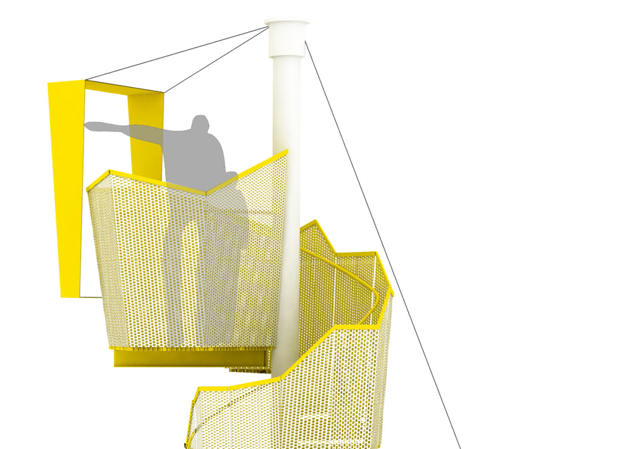 RISE ABOVE: Year: 2013 Shortlisted Proposal
Materials: Steel and Mixed Media
Client: City of North Vancouver, Spirit TrailRISE was a shortlisted proposal in collaboration with Measured Architecture for the City of North Vancouver’s Spirit Trail.
The Londsdale Quay site was a dynamic one that prompted us to focus on an intervention with strong visual connectivity to the primary route of the Spirit Trail. This brings travelers to a tributary line, provides a unique identity of place for those awaiting pick-up at the turnabout, and offers a potential engagement with an object as a device that orientates the traveler on the trail and to the city context beyond.
Aside from the intervention’s primary role as a beacon and marker, we saw it as an opportunity to rise above the pedestrian level, obstructed by the surrounding developments and fencing, and reveal a dramatic view of the sea and mountains to the north and the city to the south.
As a nodal of several converging paths, our design was an orienting device that addressed each of these: As a drop-off point for thousands of daily commuters and travelers, a resting point, meeting point, and shelter. As an entry point for the visitors of the Spirit Trail, a trail-marker and key point of reference of the route. For pedestrians walking to and from the Waterfront Park and along the quay, it was a viewpoint free of obstruction.
One of the key parameters given in the call for this project was that the piece be something that perpetuates interest over many visits. We designed a structure that would beautify the landscape and reference nearby maritime structures, but it is the landscape itself that people are coming to the Spirit Trail to see and maintains their continued interest. RISE ABOVE: Year: 2013 Shortlisted Proposal
Materials: Steel and Mixed Media
Client: City of North Vancouver, Spirit TrailRISE was a shortlisted proposal in collaboration with Measured Architecture for the City of North Vancouver’s Spirit Trail.
The Londsdale Quay site was a dynamic one that prompted us to focus on an intervention with strong visual connectivity to the primary route of the Spirit Trail. This brings travelers to a tributary line, provides a unique identity of place for those awaiting pick-up at the turnabout, and offers a potential engagement with an object as a device that orientates the traveler on the trail and to the city context beyond.
Aside from the intervention’s primary role as a beacon and marker, we saw it as an opportunity to rise above the pedestrian level, obstructed by the surrounding developments and fencing, and reveal a dramatic view of the sea and mountains to the north and the city to the south.
As a nodal of several converging paths, our design was an orienting device that addressed each of these: As a drop-off point for thousands of daily commuters and travelers, a resting point, meeting point, and shelter. As an entry point for the visitors of the Spirit Trail, a trail-marker and key point of reference of the route. For pedestrians walking to and from the Waterfront Park and along the quay, it was a viewpoint free of obstruction.
One of the key parameters given in the call for this project was that the piece be something that perpetuates interest over many visits. We designed a structure that would beautify the landscape and reference nearby maritime structures, but it is the landscape itself that people are coming to the Spirit Trail to see and maintains their continued interest.
