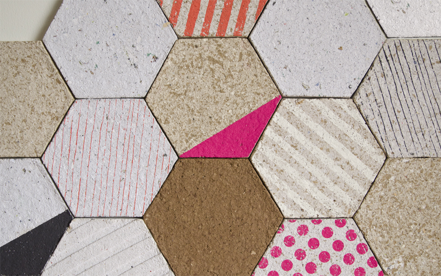 Wallpapering: Year: 2014
Materials: Moulded recycled paper and ceramic tiles
Wallpapering began as a material exploration that grew out our of witnessing the amount of paper waste from local industries. After an array of experiments, paper tiles emerged as a successful product made from recycled paper. The tiles are as hard as board, light as cork, and can be printed or painted like paper. Other than their decorative potential, they have great sound absorbing qualities and are easy to install. We continue to use 100% post-consumer paper collected from local businesses.
Installation photos by Nenad Stevanovic Wallpapering: Year: 2014
Materials: Moulded recycled paper and ceramic tiles
Wallpapering began as a material exploration that grew out our of witnessing the amount of paper waste from local industries. After an array of experiments, paper tiles emerged as a successful product made from recycled paper. The tiles are as hard as board, light as cork, and can be printed or painted like paper. Other than their decorative potential, they have great sound absorbing qualities and are easy to install. We continue to use 100% post-consumer paper collected from local businesses.
Installation photos by Nenad Stevanovic
